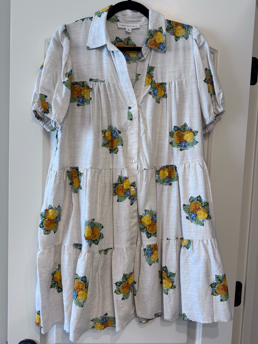 Like New Linen Blend Button-Front Tiered Lemon Print Dress
